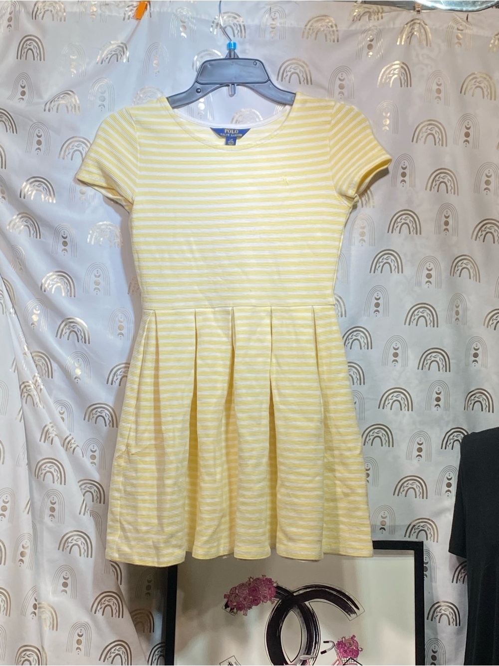Polo by Ralph Lauren Yellow & White Striped Knit Pleated Midi Dress